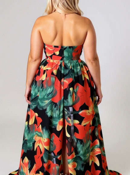 Plus Size Summer Printed V-Neck Spaghetti Strap Dress – Casual Beach Holiday Style