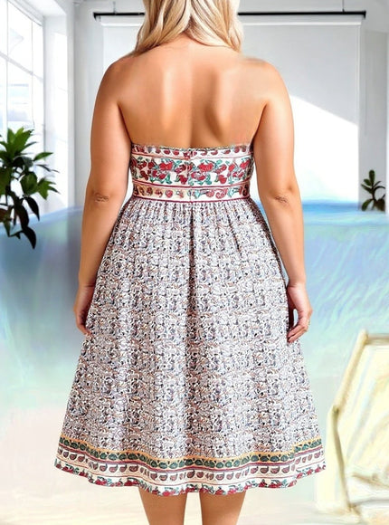 Plus Size Paisley Strapless Flare-Hem Dress – Boho Bandeau Vacation Style