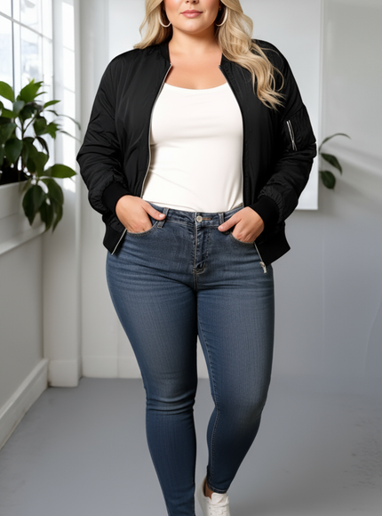 Chic Plus Size Black Bomber Jacket Machine Washable Style