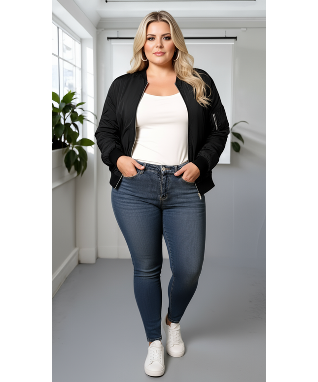 Chic Plus Size Black Bomber Jacket Machine Washable Style