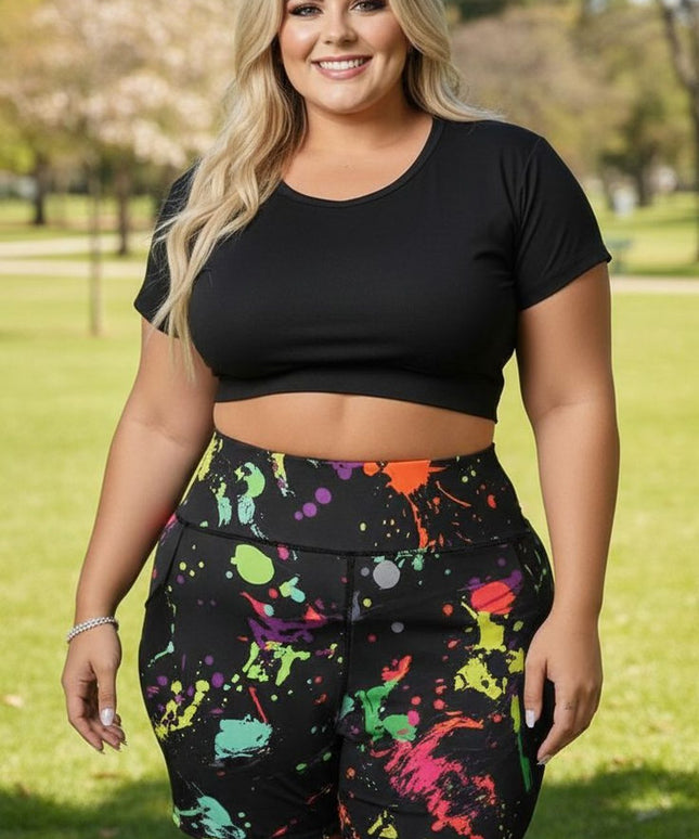 Vibrant Paint Splash High-Waist Cycling Shorts – Plus Size Activewear