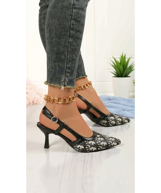 Black Patterned Slingback Pointed-Toe Heels
