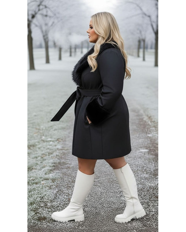 Black Faux Fur Collar Belted Winter Coat – Plus Size Elegance