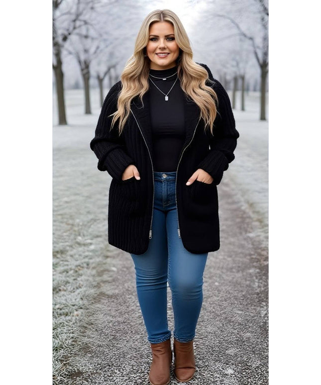 Black Ribbed Knit Zip-Up Coat – Plus Size Winter Essential