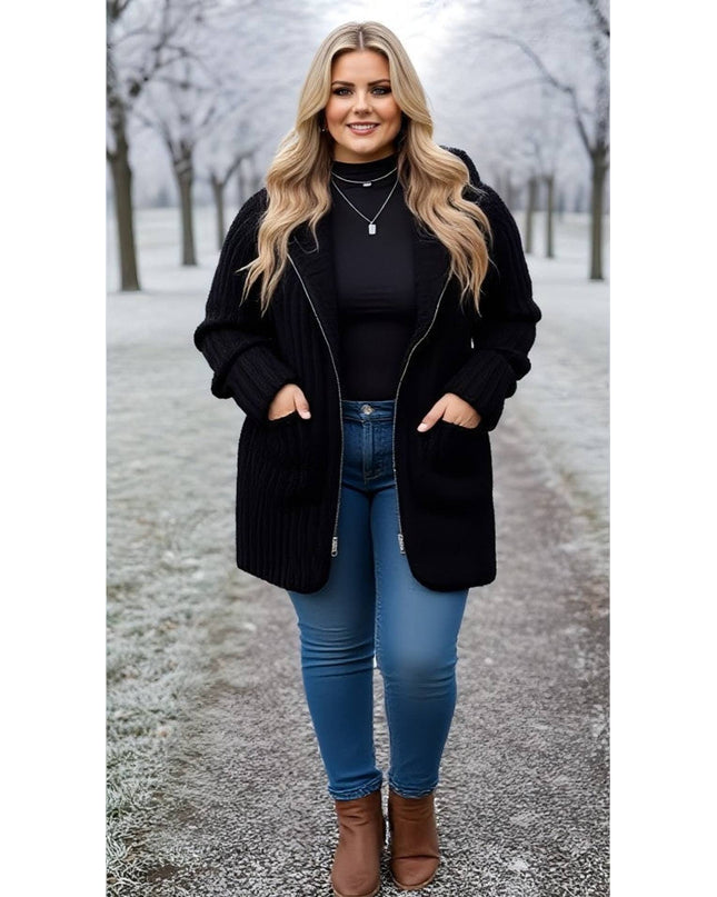 Black Ribbed Knit Zip-Up Coat – Plus Size Winter Essential