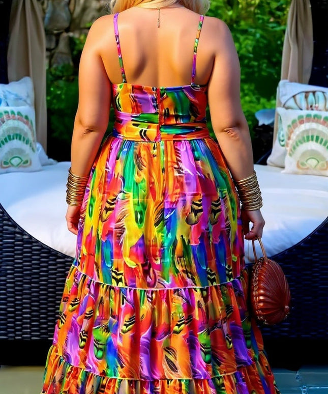 Plus Size Rainbow Print Cut-Out Maxi Dress