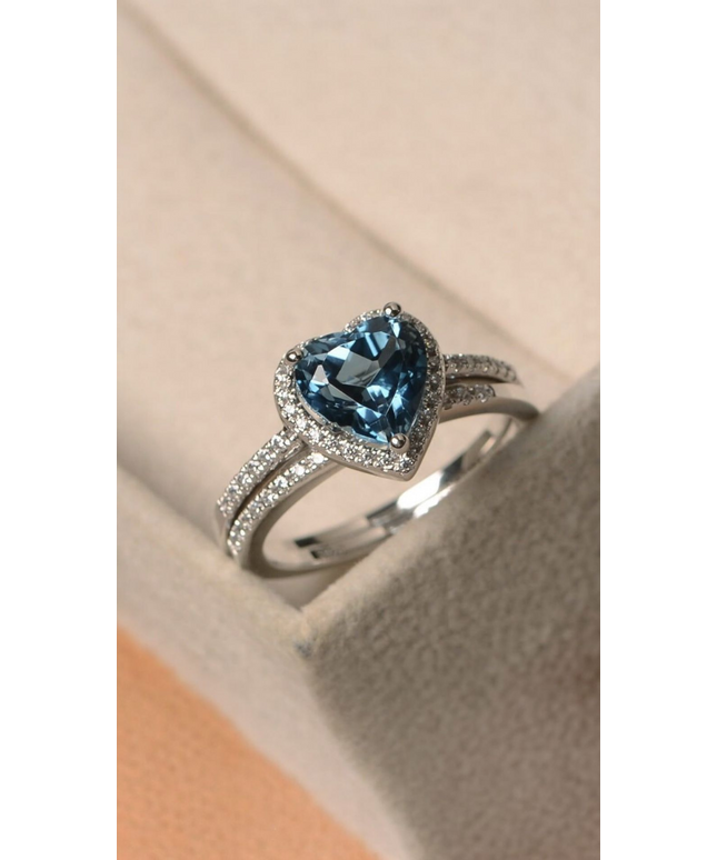 Blue Heart Zircon Ring For Women - White Gold Finish