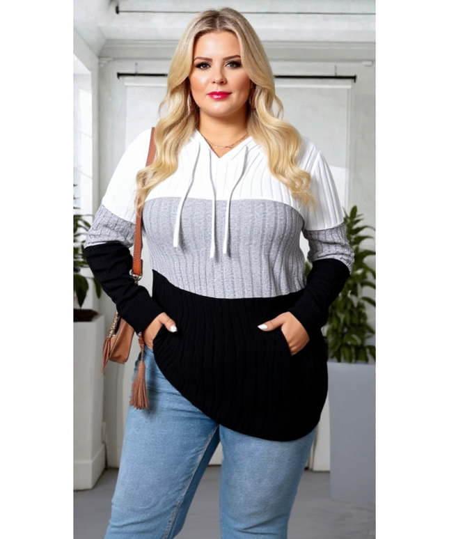 Color Block Ribbed Knit Hoodie