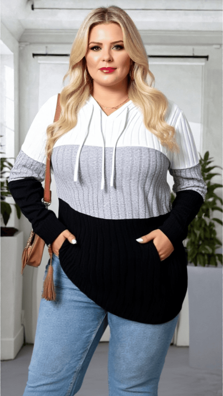 Color Block Ribbed Knit Hoodie