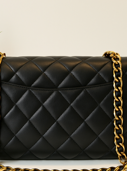 Classic Black Quilted Leather Shoulder Bag with Gold Chain
