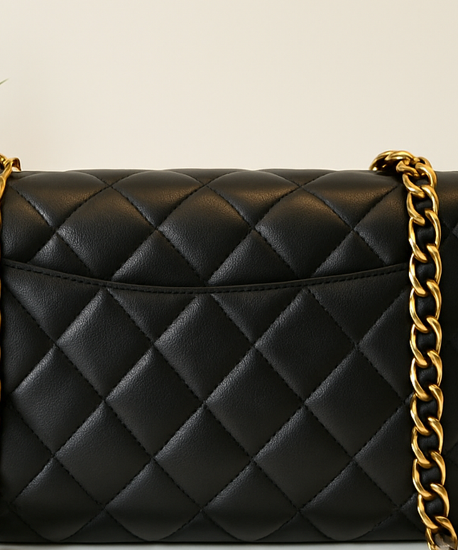 Classic Black Quilted Leather Shoulder Bag with Gold Chain