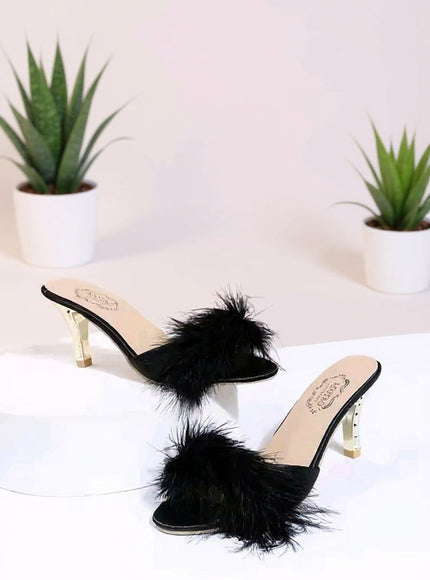 Black Feather Mule Heels with Gold Heel