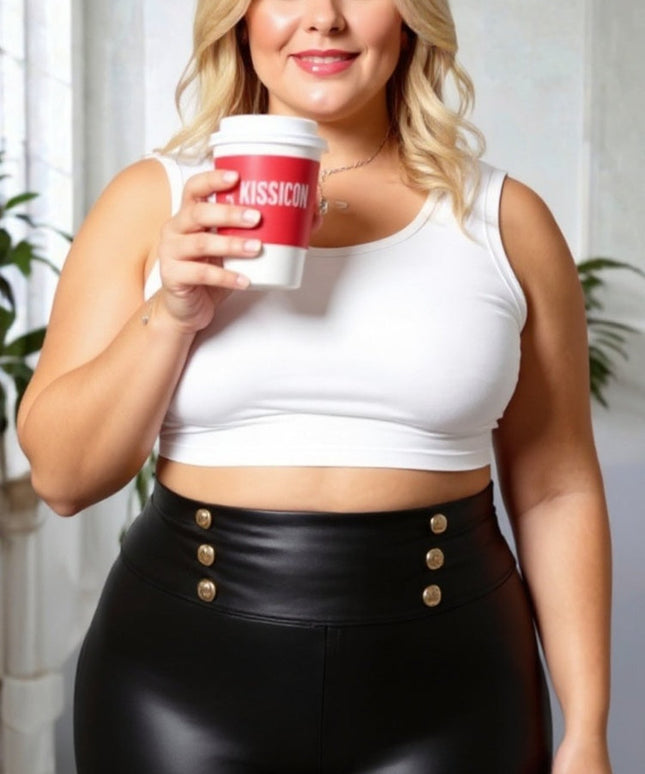 Black Faux Leather Leggings with Gold Button Detail