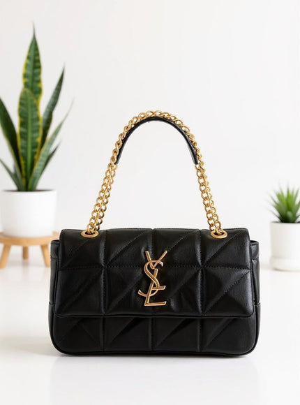Black Quilted Chain Handle Tote Bag with Gold Detail