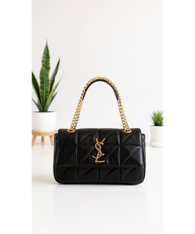 Black Quilted Chain Handle Tote Bag with Gold Detail
