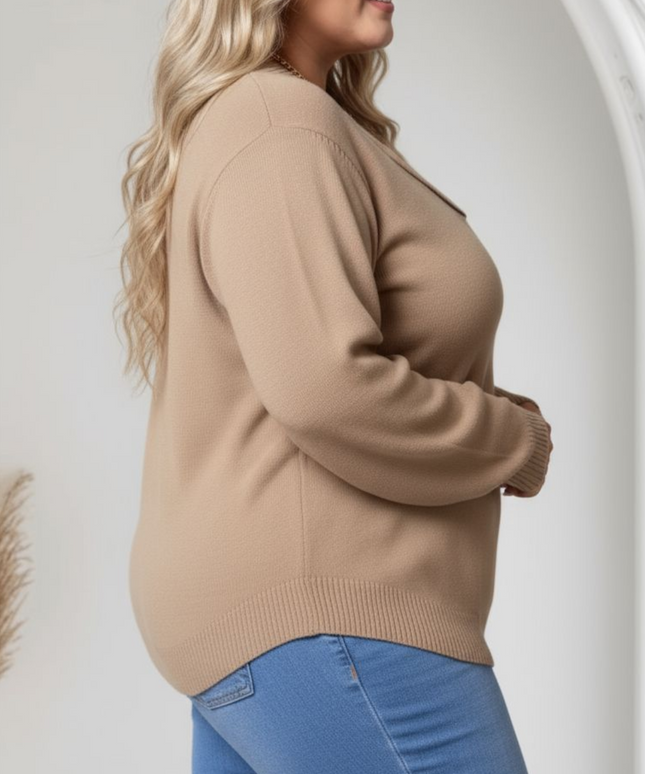 Elegant Beige Plus Size Shawl Collar Cozy Ribbed Sweater