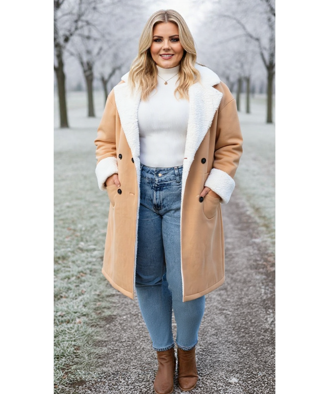 Camel Shearling-Lined Winter Coat – Plus Size Warmth & Style