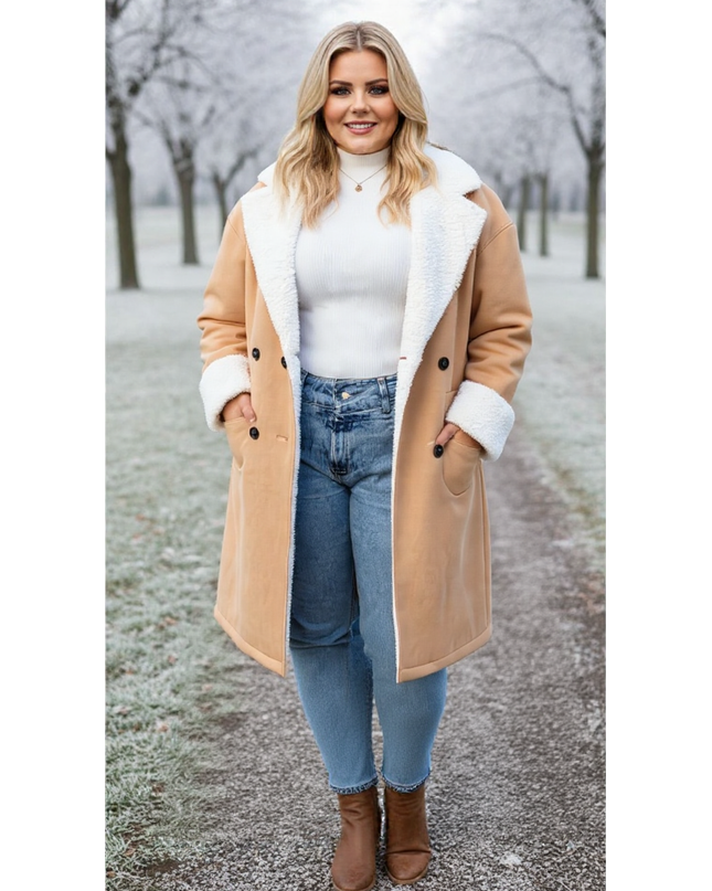 Camel Shearling-Lined Winter Coat – Plus Size Warmth & Style