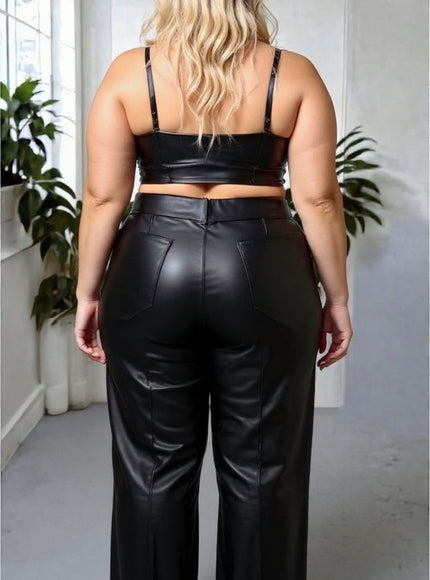 High Waist Faux Leather Wide Leg Trousers – Black