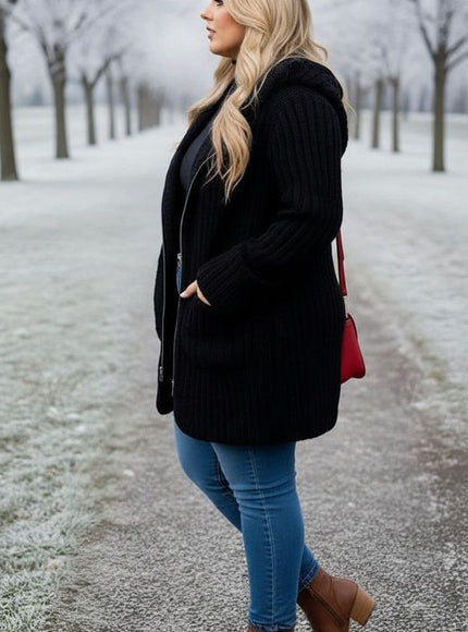 Black Ribbed Knit Zip-Up Coat – Plus Size Winter Essential