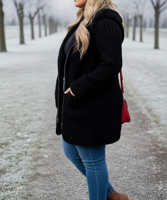 Black Ribbed Knit Zip-Up Coat – Plus Size Winter Essential