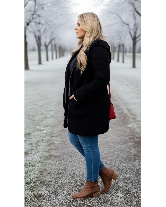 Black Ribbed Knit Zip-Up Coat – Plus Size Winter Essential