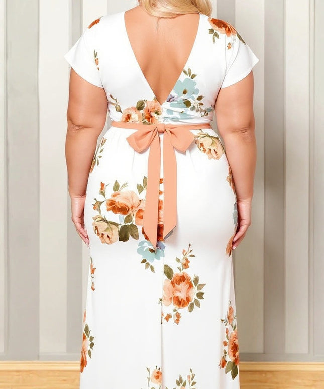 Plus Size Floral Print V-Neck Belted Maxi Dress – Elegant Summer Vacation Outfit