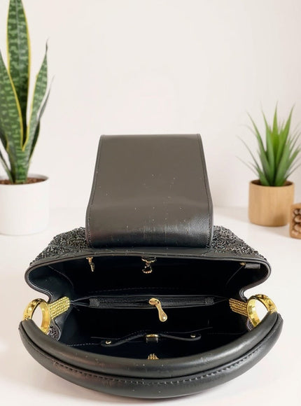 Elegant Black Crystal Studded Handbag with Gold Accents – Luxury Top Handle & Crossbody