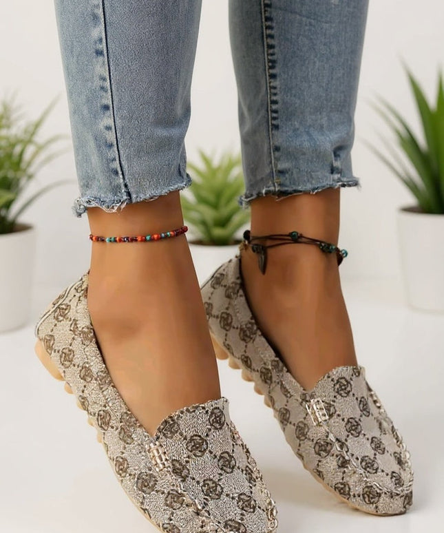 Beige Patterned Slip-On Comfort Loafers