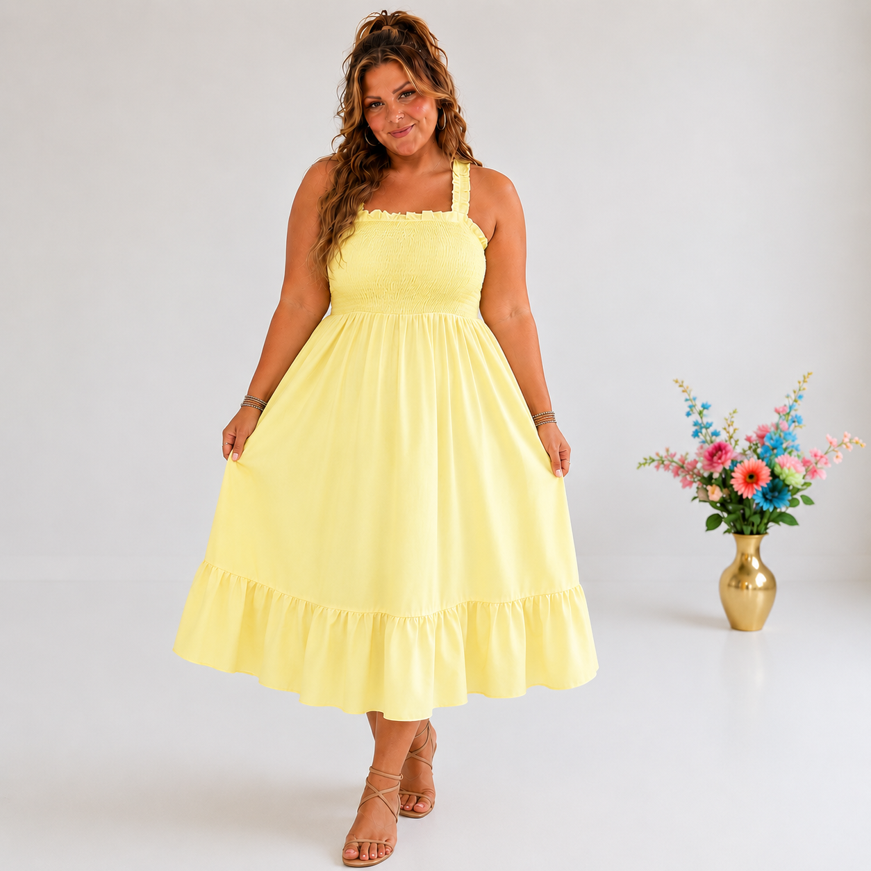 Pale Yellow Ruffle Hem Cami Maxi Dress – Plus Size