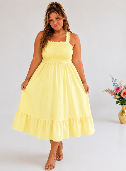 Pale Yellow Ruffle Hem Cami Maxi Dress – Plus Size