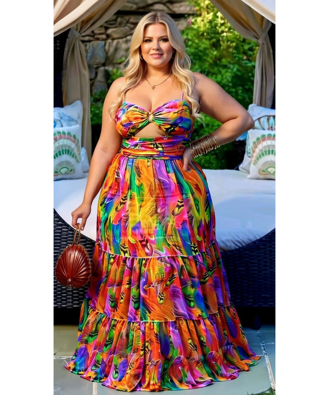 Plus Size Rainbow Print Cut-Out Maxi Dress