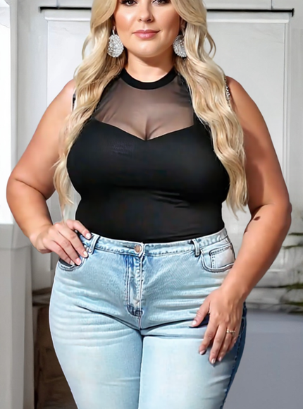 Plus Size Black Sleeveless Top with Sheer Mesh Panel