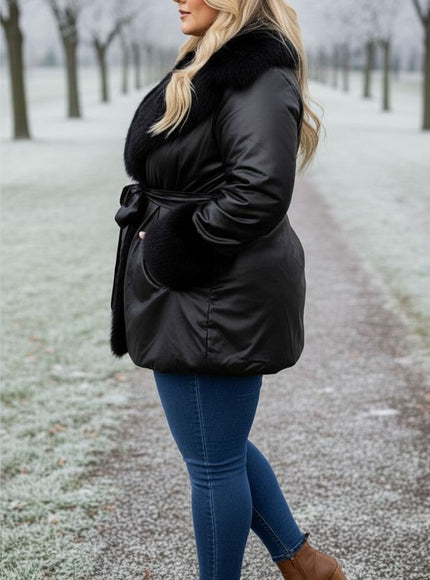 Black Faux Fur Trim Winter Coat – Plus Size Luxury Warmth