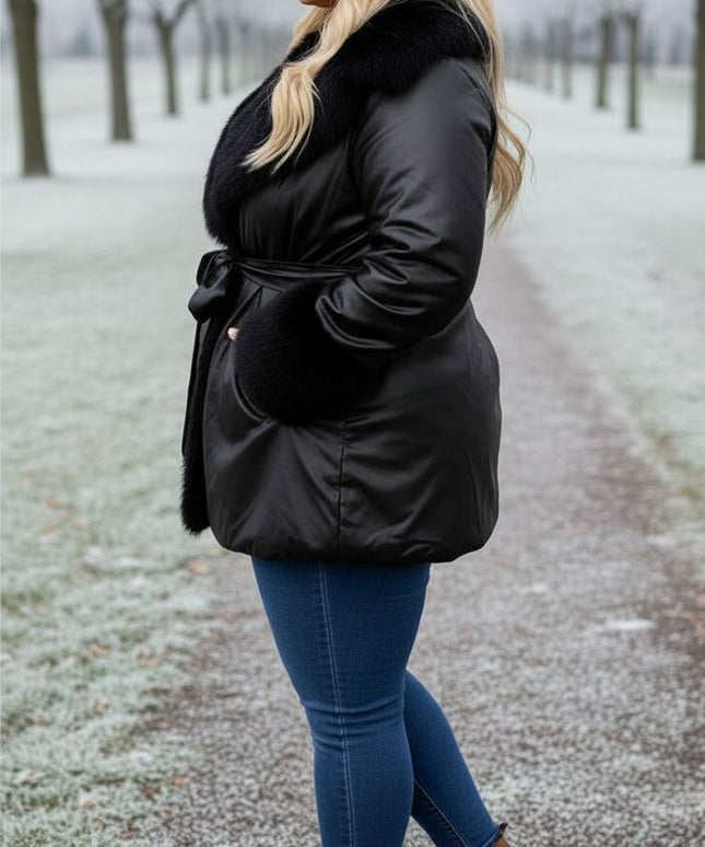 Black Faux Fur Trim Winter Coat – Plus Size Luxury Warmth