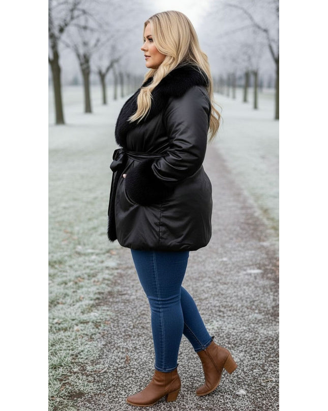 Black Faux Fur Trim Winter Coat – Plus Size Luxury Warmth
