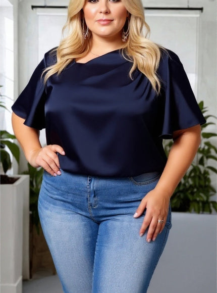 Plus Size Navy Satin Blouse with Flare Sleeves – Effortless Elegance