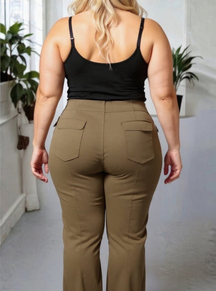 High Waist Khaki Cargo Flare Trousers – Stretch Fit