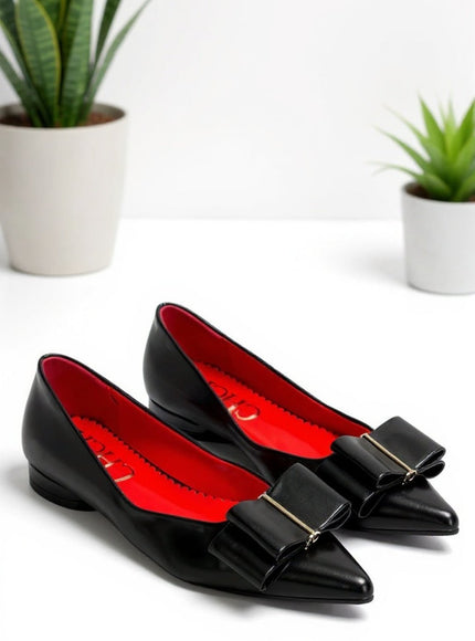 Elegant Black Faux Leather Bow Pointed Flats