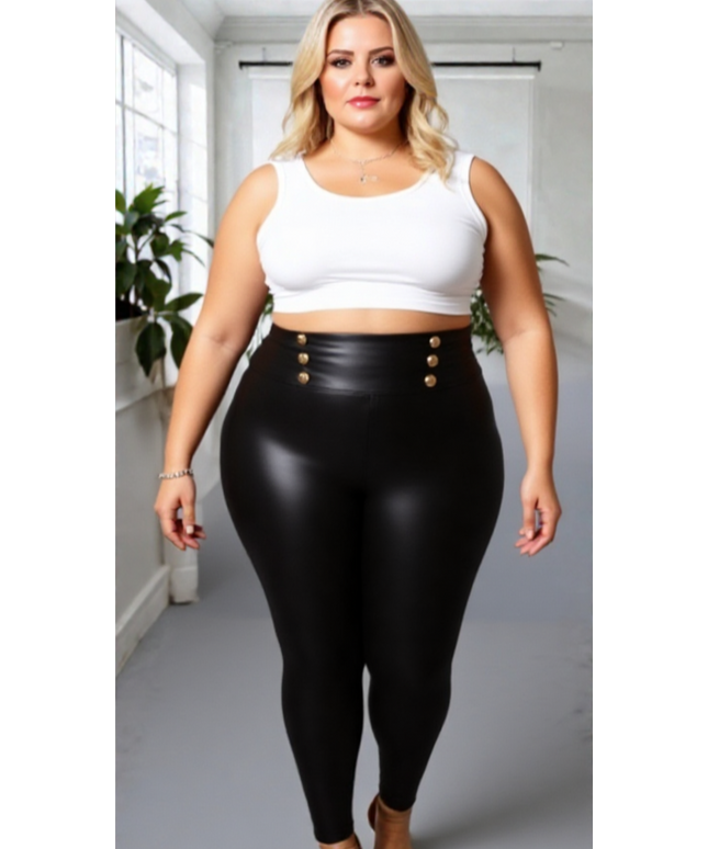 Black Faux Leather Leggings with Gold Button Detail