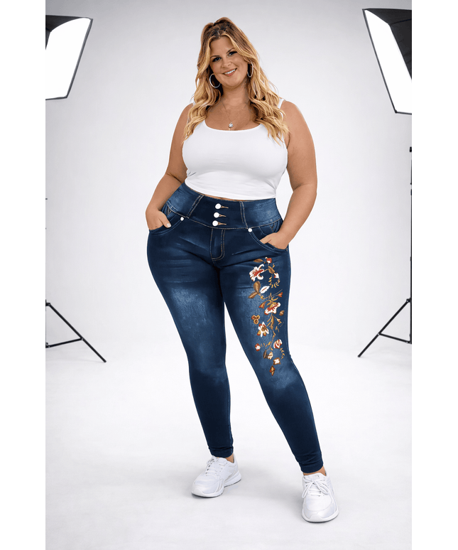 Plus Size Printed Denim Look Leggings – Stretchy High Waist