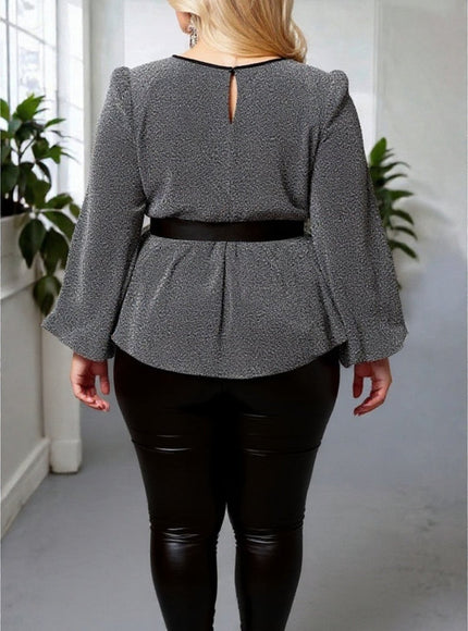 Plus Size Silver Glitter Wrap Blouse with Tie Waist – Party Ready Elegance