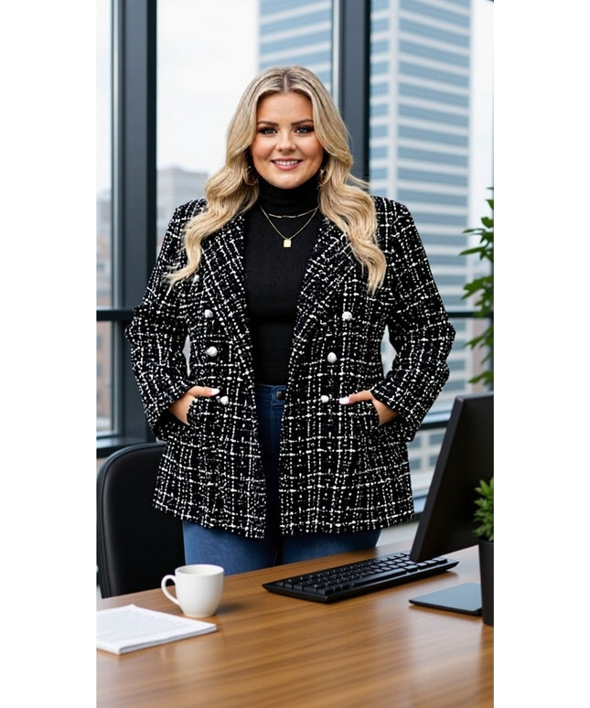 Black & White Tweed Double-Breasted Blazer – Plus Size Office Chic