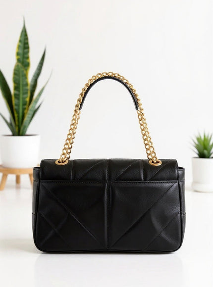 Black Quilted Chain Handle Tote Bag with Gold Detail