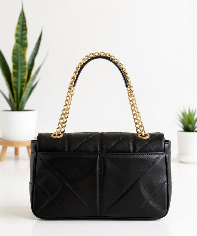 Black Quilted Chain Handle Tote Bag with Gold Detail
