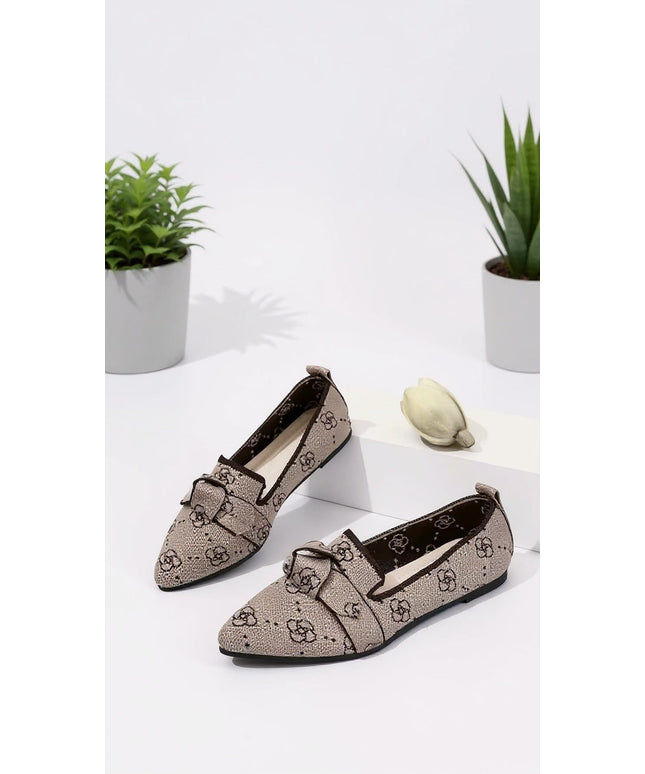 Beige Patterned Bow Detail Pointed Flats