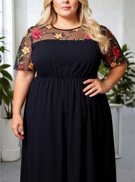 Plus Size Floral Embroidery Mesh Patchwork Dress – Cinched Waist Romantic Elegance
