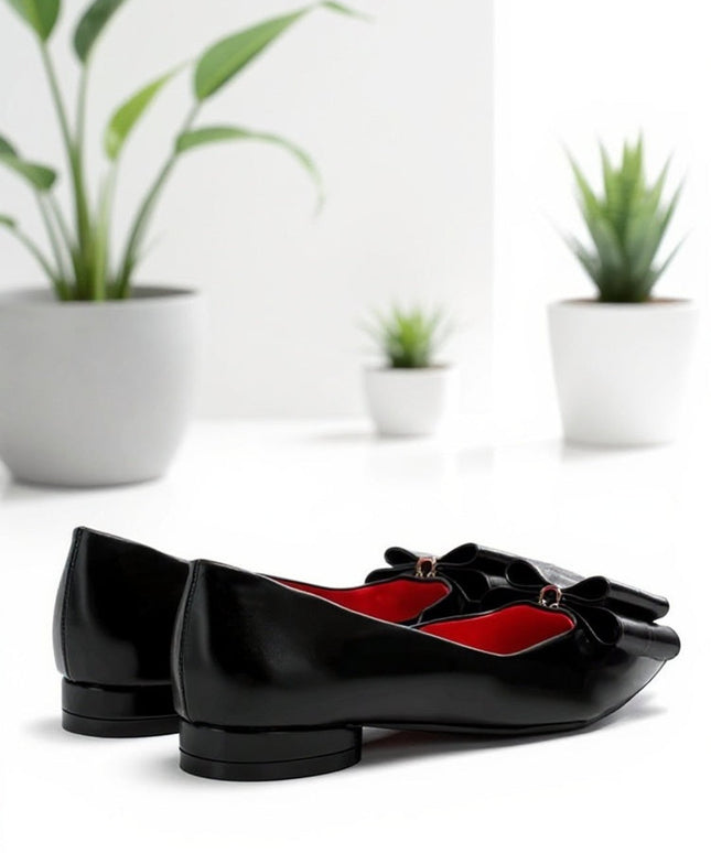 Elegant Black Faux Leather Bow Pointed Flats