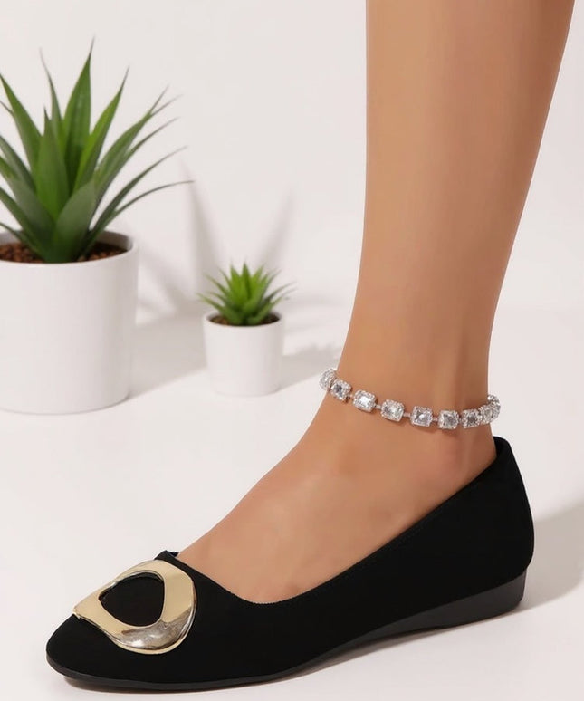 Black Suede Pointed Toe Flats with Gold Buckle Accent