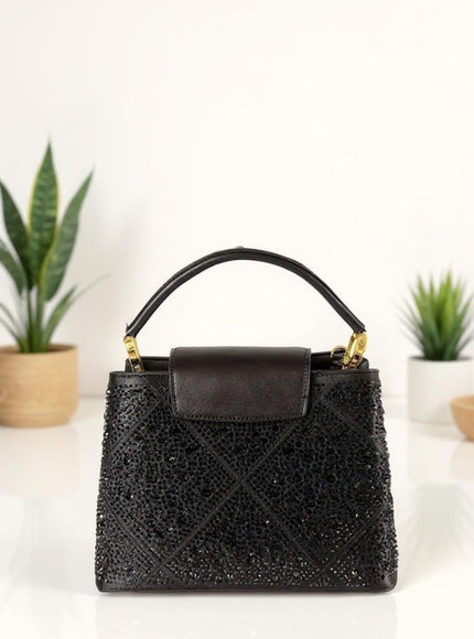 Elegant Black Crystal Studded Handbag with Gold Accents – Luxury Top Handle & Crossbody